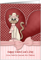 Customizable Teacher’s Name Valentine Heart and Cat with Bow card