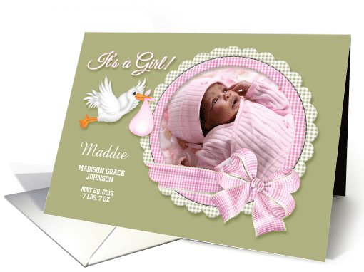 It's a Girl! New Baby Announcement - Custom Photo & Name Stork card