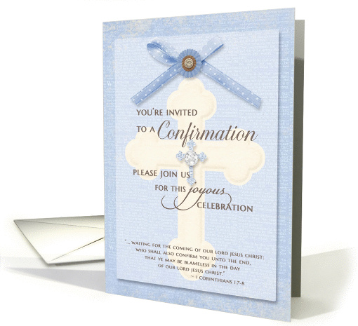 Confirmation Invitation - Blue w/ cross & ribbon card (1240716)