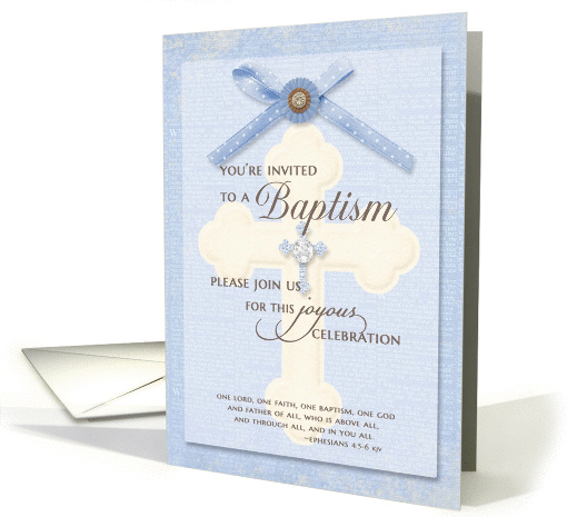 Baptism Invitation - Blue w/ cross & ribbon card (1242924)