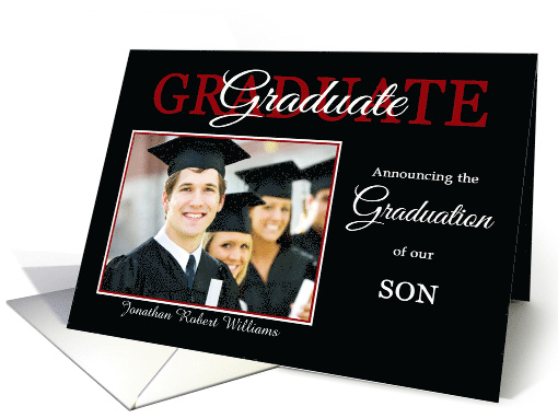 Son Graduation Announcement - Red / Black name & photo card (1258130)