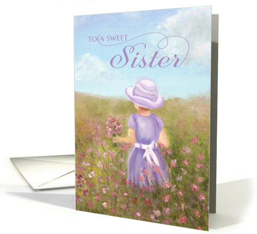 Sister Birthday - girl in lavender picking flowers card (1326826)