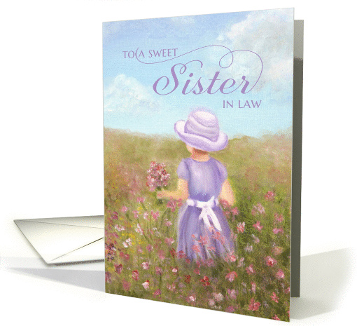 Sister-In-Law Birthday - girl in lavender picking flowers card