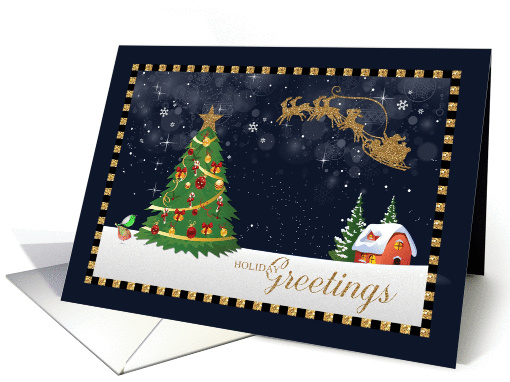 Holiday Greetings Snowy Winter Night Glitter Effect Santa Sleigh card