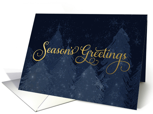 Season's Greetings in Faux Gold Foil with Blue Trees and Snow card