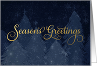 Season’s Greetings in Faux Gold Foil with Blue Trees and Snow card