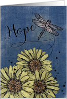 HOPE Sunflower Dragonfly on Faded Blue Jeans Textured Background card