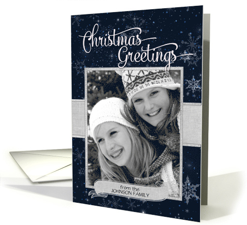 Christmas Greetings night sky snowflakes custom photo and name card