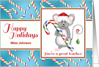 Customizable Teacher’s Name Happy Holidays Mouse with Candy Cane card