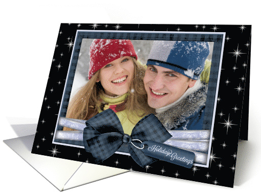 Holiday Greetings Blue & Black Twinkle Starlight Custom Photo card