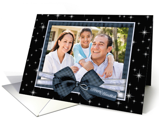 Happy Hanukkah Blue & Black Twinkle Starlight Custom Photo card