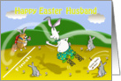 Funny easter bunny race Husband card, Fat Cat and Duncan card