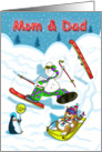 Funny skiing Mom & Dad Christmas card, Fat Cat and Duncan card