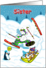 Funny skiing Sisster Christmas card, Fat Cat and Duncan card