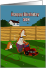 Funny Happy Birthday Son Cutting The Lawn card
