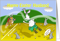 Funny easter bunny race Husband card, Fat Cat and Duncan card