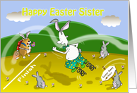 Funny easter bunny race Sister card, Fat Cat and Duncan card