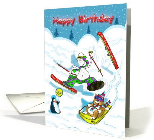 Funny skiing Happy Birthday card, Fat Cat and Duncan card (1026609)