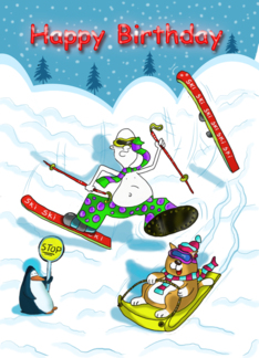 Funny skiing Happy Birthday card, Fat Cat and Duncan
