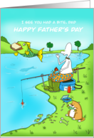 Funny Fathers Day Dad Fisherman With Fish Stealing Sandwich card