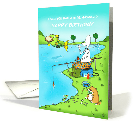 Funny Birthday Grandad Fisherman With Fish Stealing Sandwich card