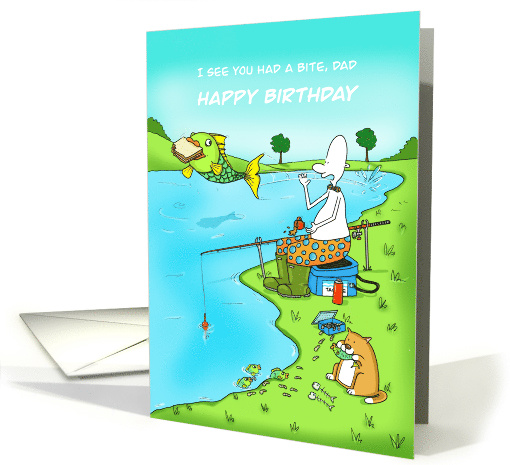 Funny Birthday Dad Fisherman With Fish Stealing Sandwich card