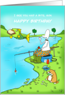 Funny Birthday Son Fisherman With Fish Stealing Sandwich card