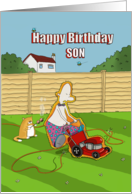 Funny Happy Birthday Son Cutting The Lawn card