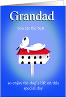 Relaxed Dog laying on Bird House Happy Father’s Day Grandad card