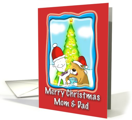 Cute Merry Christmas Mom and Dad, Fat Cat and Duncan card (729981)