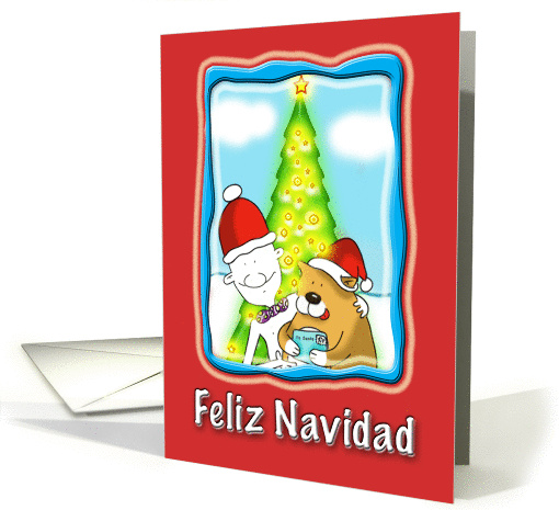 cute Spanish Happy Christmas, Fat Cat and Duncan card blank card