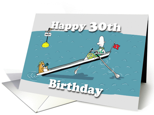 Happy 30th Birthday, Funny rowing boat card, Fat Cat and Duncan card