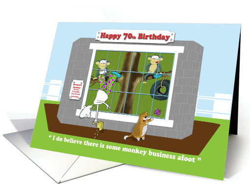 Funny monkey business 70th birthday card, Fat Cat and Duncan card