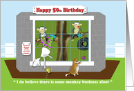 Funny monkey business 50th birthday card, Fat Cat and Duncan card
