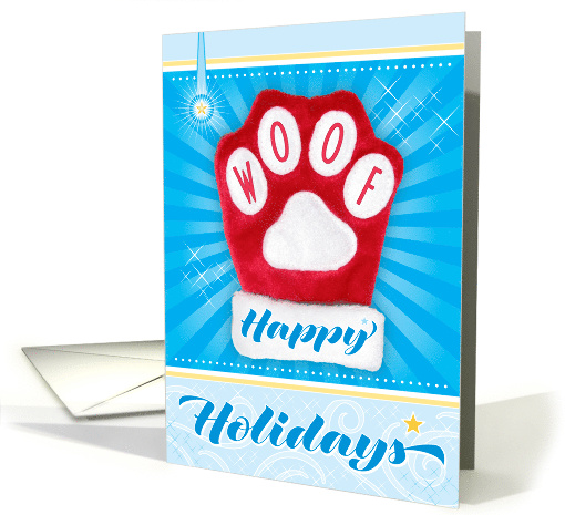 WOOF Happy Holidays Christmas Red Mitten Dog Paw card (1891414)