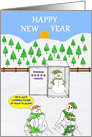 HAPPY NEW YEAR. Happy Snowman being preserved in a Freezer. card