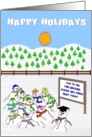 HAPPY HOLIDAYS Snowmen kids and teacher at school melting. card