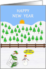 Happy New Year. Snowman Melting in Field,with Snowson. card