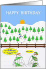 Happy Birthday. A Snowmen celebrates its Birthday dancing on a fence. card