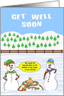 Get Well Soon. Snowman has melted after taking a hot drink. card