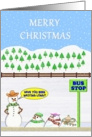 MERRY CHRISTMAS.Snowmen waiting at a bus stop, begin to melt. card