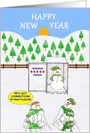 HAPPY NEW YEAR. Happy Snowman being preserved in a Freezer. card