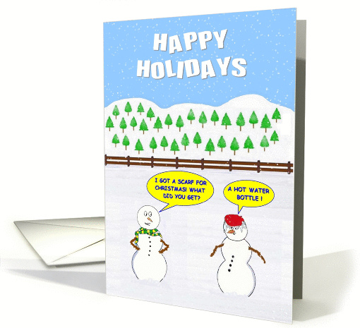 HAPPY HOLIDAYS Snowmen getting Christmas gifts. card (1415706)
