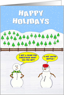 HAPPY HOLIDAYS Snowmen getting Christmas gifts. card