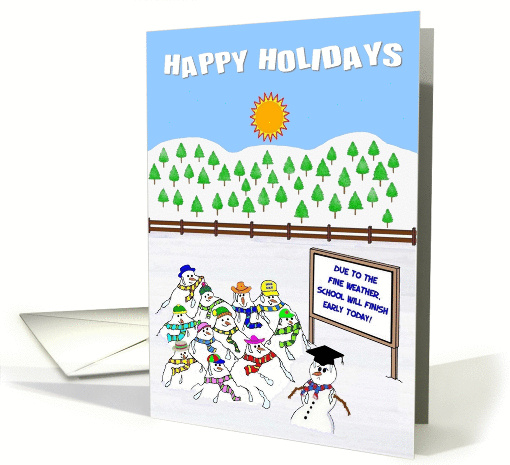 HAPPY HOLIDAYS Snowmen kids and teacher at school melting. card