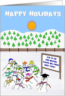 HAPPY HOLIDAYS Snowmen kids and teacher at school melting. card