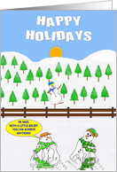 Happy Holidays. Snowman dancing on a fence, as other Snowmen melt. card