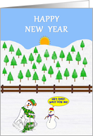 Happy New Year. Snowman Melting in Field,with Snowson. card