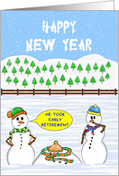 Happy New Year. The Snowmen in a field, one has retired. card