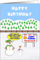 Happy Birthday. A Snowman Father and Son beside a Florida Advert. card